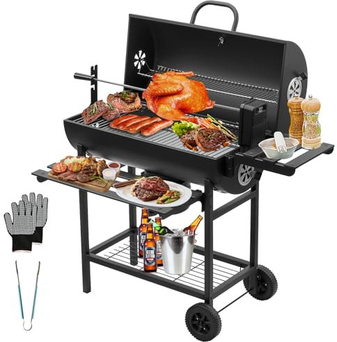 TEENO - Carro para barbacoa de madera, parrilla XXL de carbón con tapa, termómetro, cajón de ceniza, guantes antiquemaduras, ventilación ajustable, gran barbacoa de carbón de madera (Upgraded (with