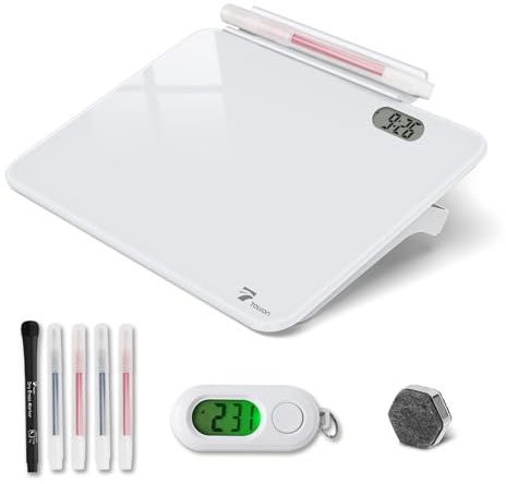 Kleines Glas-Schreibtisch-Whiteboard, trocken abwischbare Tafel mit Uhr, kleiner Reiseuhr, Schlüsselanhänger mit Schreibtisch-Notizblock, Zeittafel für Schreibtisch, digitales LED-Lichtdisplay, 20,3 x