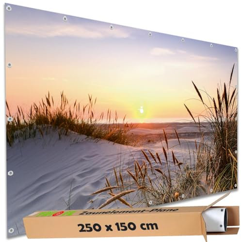 TRIOSK Sichtschutz Garten Deko Zaun Plane Blickdicht groß mit Zaunblende Motiv Strand Sonnenuntergang Meer für Balkon Terrasse Zaunelement Doppelstabmatten Gartenzaun PVC 250x150 cm