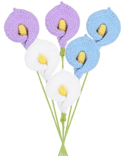 M METERXITY 6-Pack Crochet Flowers, Knitted Artificial Wool Calla Lily for Mother's Day/Wedding/Birthday/DIY Decor, Handmade Knitted Flowers [White, Purple, Blue]