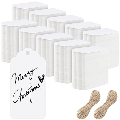 MUKCHAP 1000 etiquetas de papel kraft, 9 x 4,5 cm, etiquetas de regalo blancas con cuerda para bodas, fiestas de cumpleaños
