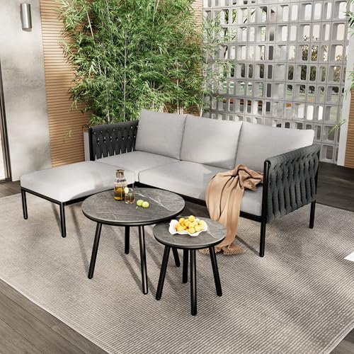 Merax Gartenmöbel-Set, Eckgarnitur mit Sofa + 2 Couchtischen + Fußhocker, Dickes Seilgeflecht, Glastisch mit Marmoroberfläche, Verzinkter Stahlrahmen, Wasserabweisendes Gewebe, Grau