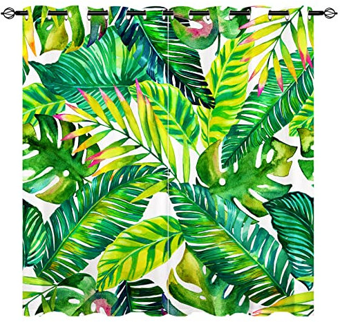 YUANZU Rideaux Palmier Tropical - Imprimé Occultants Thermiques (Jungle Exotique & Feuilles Colorées) pour Salon/Chambre avec Œillets - 2 Panneaux L117 x H137cm