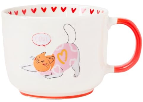 Cartoon Cat Ceramic Mug 400ml Cute Valentine’s Coffee & Tea Cup Glazed Gift Mug for Cat Lovers & Romantic Gifting Assorted Designs (Cat in Red Jumper)