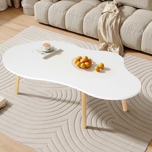 Fiauli Niedriger Couchtisch, Wolkenform Ovaler Holztisch, Unrevelmäßige Mitte des Jahrstens Moderne White-100cm