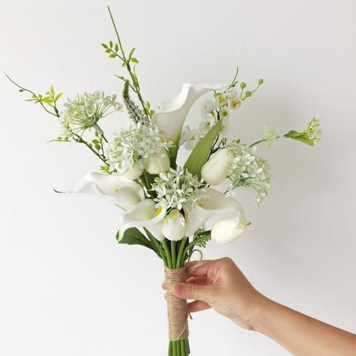 Xinhewong Tulips Hydrangea Calla Lily Artificial Flowers Real Touch Fake Flower for Bridal Bouquet Wedding Bouquet Home Decoration Party (White)