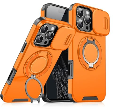 New Slide Camera Protection Magnetic Stand Phone Case, with Cover & Rotating Ring Bracket, for iPhone 17/16/15/14/13/12/11 Pro Max (for iPhone17 Pro Max,Orange)