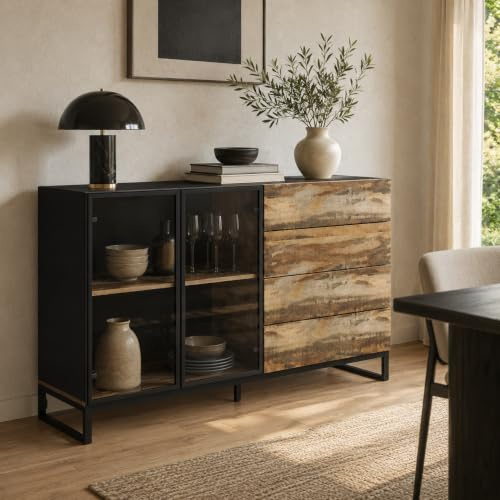 PREMTURE Sideboard Schwarz mit Schubladen, Glastüren & Holzoptik | Modernes Sideboard mit Glasfront, Schubladen, Holzdekor und viel Stauraum für Wohnzimmer, Esszimmer und Büro