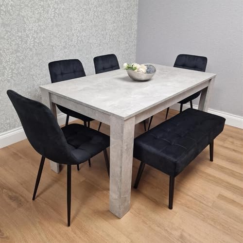 KOSY KOALA Dining Table and Chairs Set with 1 Velvet Bench - Stone Grey Kitchen Table with 4 Black Velvet Dining Chairs - Modern 6 Seater Kitchen Room Furniture Set - 140 x 80 x 75 cm