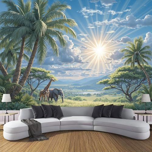Papier Peint Soie Savane Africaine 450x315cm Papier Peint Panoramique Palmiers Et Prairies Tableaux Muraux Tapisserie Photo Décoration Murale XXL Pour Salon, Chambre D'Enfants, Restaurant, Vert