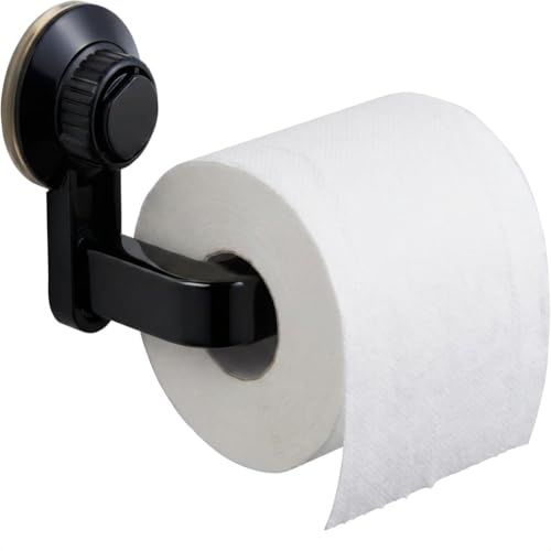 Suction Toilet Roll Holder Wall Mounted, Self Adhesive No Drill Toilet Paper Dispenser, Compact Stick On Tissue Holder with Strong Adhesiveness for Bathroom and Kitchen (Black)