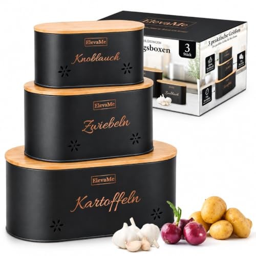 ElevaMe Kartoffel Aufbewahrungsbox - 3er Set Kartoffelbox, Zwiebel Aufbewahrung & Knoblauch Aufbewahrung mit Bambusdeckel - Stapelbare Gemüsebox für Ordnung und längere Frische in der Küche