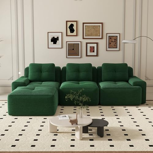 Canapé d'angle convertible, 293 cm Canapé 4 places en L, compressible canapé modulable Cloud avec assise profonde, canapé confortable et librement combinable pour le salon, velours côtelé, Vert