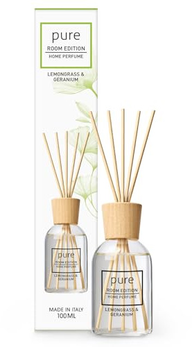 PURE ROOM EDITION 100ml Zitronengras & Geranie Raumduft | natürliche Inhaltsstoffe, vegan & tierversuchsfrei, Bio-Alkohol, Diffuser mit Stäbchen hergestellt in Italien
