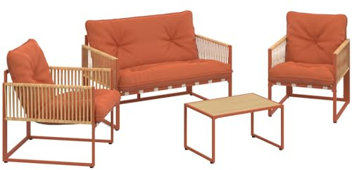 IDMarket - Salon de Jardin Bas Rio 4 Places Structure métal Terracotta, Cordage Effet rotin avec Coussins Terracotta