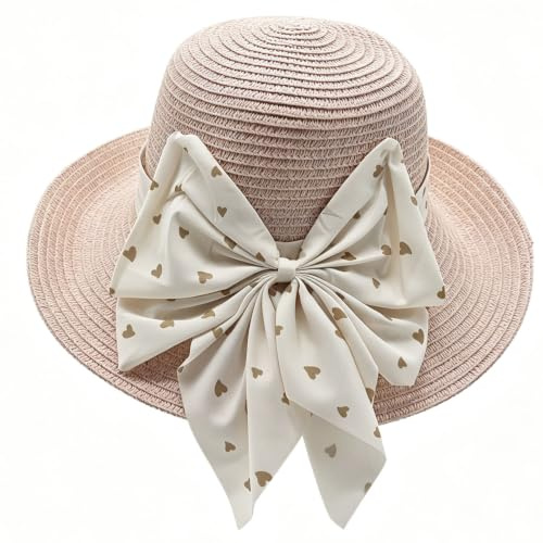 rexinwadfu Pink Straw Hat Women, Foldable Sun Straw Beach Wide Brim Hats with Bow, Breathable Summer Cap with UV Protection for Vacation, Travel, Gardening, Outdoor, 55-58cm