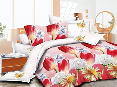 Duvet cover set 3d Quilt cover set 3 PCS Bedding Animal Floral Rose 55 GSM (KINGSIZE, TULIP RED)