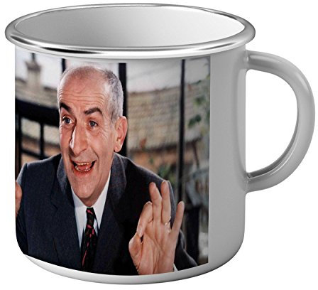 Fabulous Emaillierter Mug Becher aus Metall Louis de Funès wie am Schnürchen