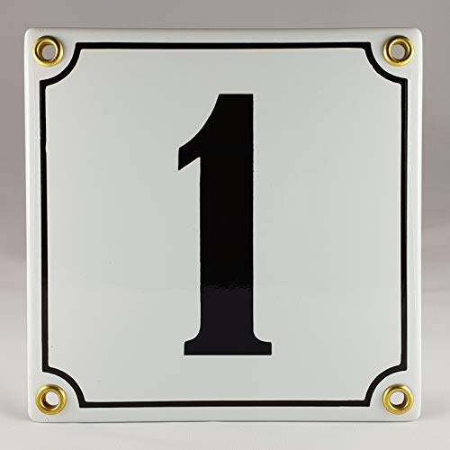 Emaille Schild Hausnummer 1 Schwarz-Weiß Handarbeit