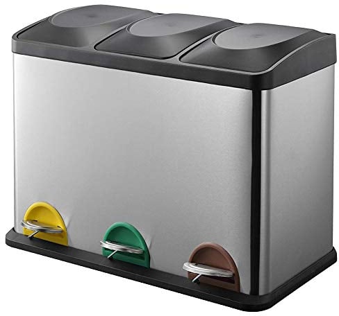 BAKAJI Cubo de basura recolectada diferenciada de acero inoxidable y plástico con compartimentos contenedor contenedor cubo basura extraíble con apertura de pedal para casa cocina y exterior (45