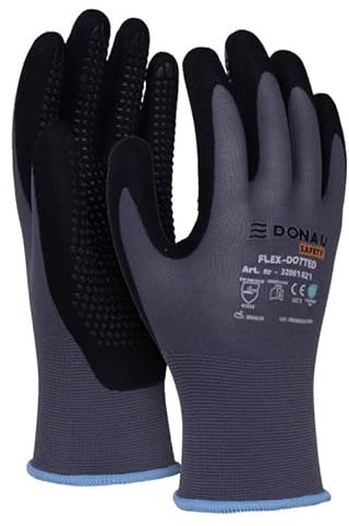 DONAU SAFETY Flex-Dotted Handschuhe Arbeitshandschuhe mit Anti-Rutsch Griff Noppen/Größe 10/XL, 1 Paar/Grau-Schwarz/Mechaniker Montagehandschuhe/Nitril beschichtet Leicht Ölbestandig, Nylon