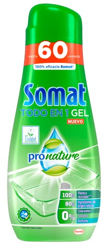 Somat Todo en 1 Gel Pronature Detergente Lavavajillas 60 Dosis, jabón lavavajillas con gran poder de limpieza para ciclos cortos, vajilla brillante