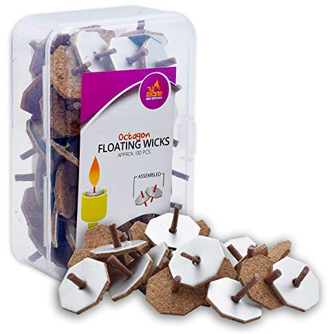 Ner Mitzvah Pre-Assembled Floating Wicks Octagon Shaped - 100 Count (Approx.), Cotton Wicks and Cork Disc Holders for Oil Cups