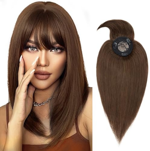 Silk-co Topper Extensions Haarteile Echthaar Clip in Extensions Echthaar Weich Natürlich Glatt Toupet Haarverlängerung mit Pony(11cm lang) 7A Remy Haare 40cm-42g 04# Mittelbraun