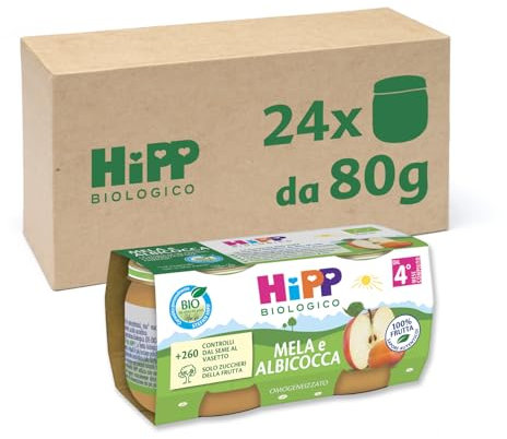HiPP - Omogeneizzato di Frutta Biologico per Neonati, Gusto Mela e Albicocca, 100% Frutta, 24 Vasetti da 80 g