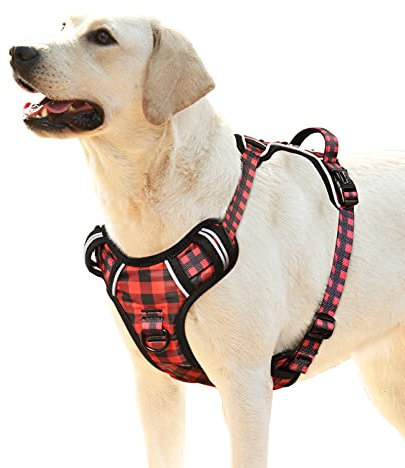 HEELE Hundegeschirr, No-Pull Hundegeschirr, Brustgeschirr für Mittelgroße Hunde, Weich Atmungsaktiv Einstellbar Reflektierend Hundegeschirr Anti Zug mit Gepolstert Griff, Schwarz-Rot Kariert, L