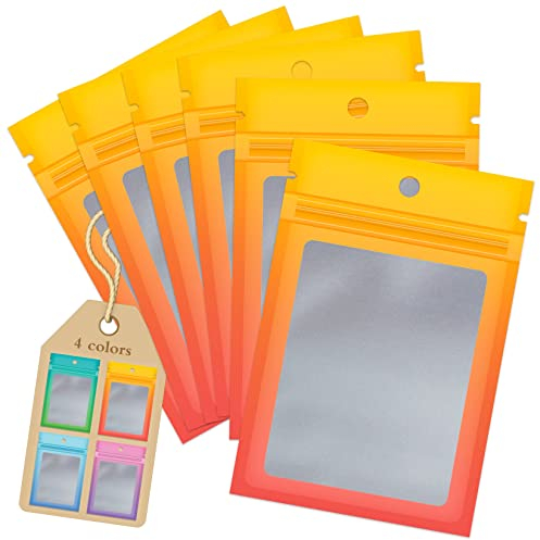 Funfery 100 Pieces Smell Proof Resealable Bags for Food Storage,Clear Mylar Cute Bags for Small Business Foil Zipper Packaging Bag for Sample Jewelry Eyelash Gloss(Yellow Orange,3.1×4.7in)
