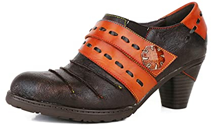 CrazycatZ Damen Leder Schuhe mit Absatz Patchwork Bohemian Vintage Bunte Schuhe Pumps (Multi, Numeric_41)