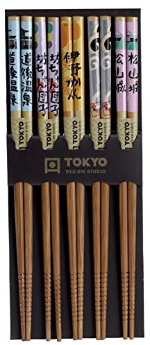 Tokyo Design - Lot de 5 baguettes en bois précieux, avec motifs colorés, baguettes japonaises - Pour sushi chinois, japonais, coréen - Réutilisables, en bois