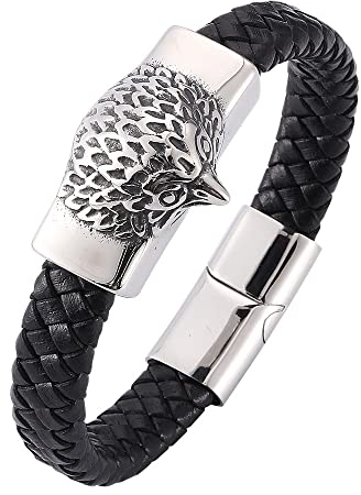 Stfery Herren Armbänder Edelstahl, Raptor Eagle Head geflochtenes Lederarmband Männer Geschenke Armband Schwarz als Geburtstagsgeschenke,