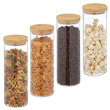 Relaxdays Lot de 4 bocaux en Verre avec Couvercle Bambou, Bocal Conservation, 1600 ML, hermétique, Transparent/Naturel