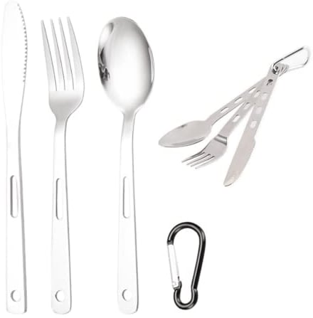 3 Pcs Travel Camping Cutlery Set Travel Camping Flatware Dinnerware Tableware Kit for One Knife, Fork and Spoon Set with Carabiner for Outdoor Travel Hiking Picnic Office School Daily Use
