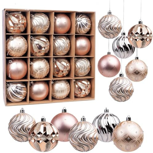 LOAVER 16-pack Christmas Baubles with Strings, 80mm Shatterproof Rose Gold Champaign Gold Silver Baubles Xmas Balls Ornaments for Christmas Tree Hanging Decorations