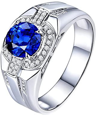 Homxi Ringe Männer,Eheringe Weissgold 18 Karat Luxus 4 Zinken Rund 1.63ct Erstellter Saphir mit Diamant Verlobungsring Ehering Blau Silber Größe 49 (15.6)