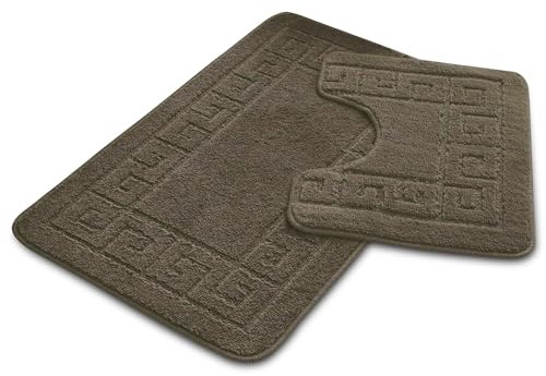 VELVETIO Bath Mat Set 2 Piece Machine Washable for Bathroom, Jacquard Greek Non Slip Quick Dry Shower Rugs & Bathtub Mats, Highly Water Absorbent 100% Polypropylene Toilet Rug Sets, Latte