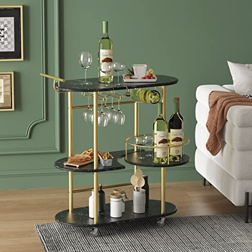 PAUKIN Schwarze Barwagen mit 4 Ebenen Ablageflächen, Mobile Bar Servierwagen mit Weinregal und Glashalter, für Zuhause, Küche, Wohnzimmer, Esszimmer