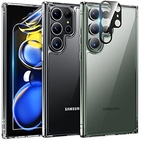 TAURI 5 in 1 für Samsung Galaxy S23 Ultra Hülle 5G, Handyhülle für S23 Ultra Case, mit 1 Handyhülle + 2 Stück TPU Schutzfolie + 2 Stück Kameraschutz, Anti-Gelb Stoßfest Schutzhülle-Transparent