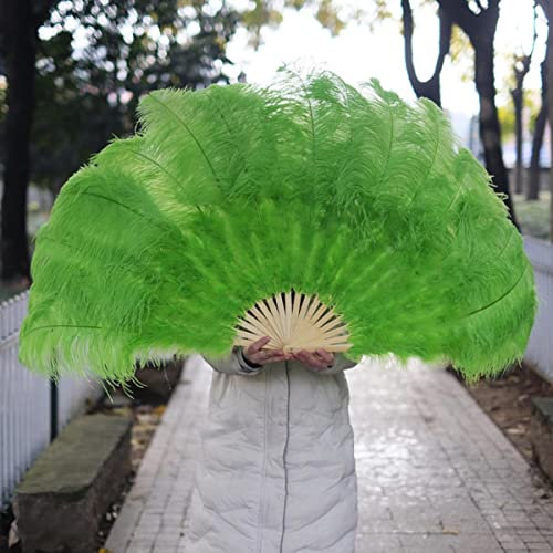 CTLH20 White Large Ostrich Feather Fan Decorate Halloween Party Belly Dance Fan DIY 10-18 Feathers Fan Bars-lime green big size,15bars