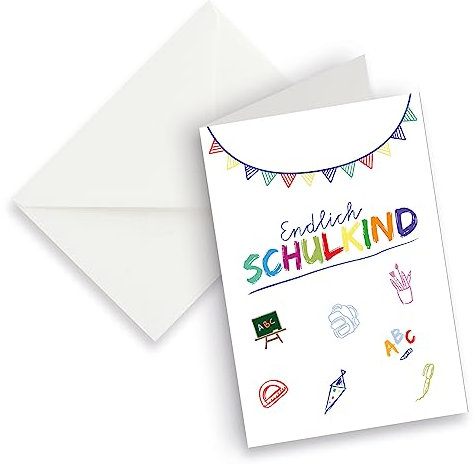 itenga XXL Klappkarte DIN A4 Endlich Schulkind und XXL Briefumschlag - Grußkarte Glückwunschkarte zur Einschulung Schulanfang (weiß)