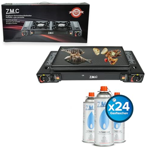 Z.M.C ZMC - Hornillo de gas para camping (2 focos, incluye adaptador para conexión LPG, plancha de 45 x 24 cm, 24 cartuchos de gas de 227 g, hornillo de camping con encendido piezoeléctrico)