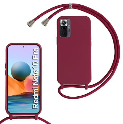 Beajew Funda para Xiaomi Redmi Note 10 Pro/Note 10 Pro MAX con Cuerda, Silicona Líquida Carcasa con Cordón Correa Colgante Ajustable Collar Correa Teléfono Case Cover, Rojo