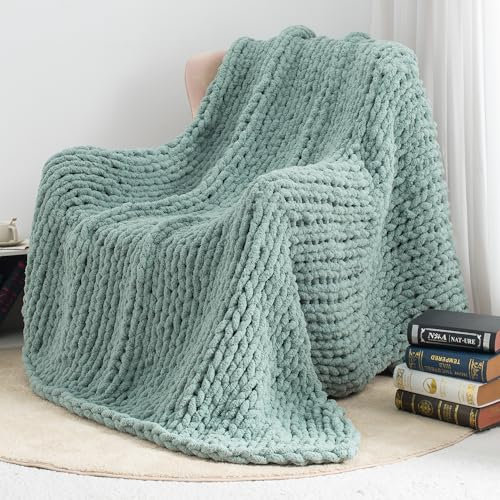 LONG CREATE Chunky Knit Throw Blanket 60X 80, 100% Handmade with Soft Chenille Yarn, 6.7lbs Thick Cable Knitted Blankets, Large Rope Knot Crochet Throws for Couch Sofa Bed Home Decor, Sage Green
