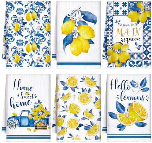Sratte 6 Pcs Summer Kitchen Towels 24 x 16 Inch Farmhouse Summer Decorative Hand Bath Dishtowels Absorbent Tea Towel for Holiday Kitchen Bathroom Decor Gifts(Yellow, Blue,Tiles Lemon)