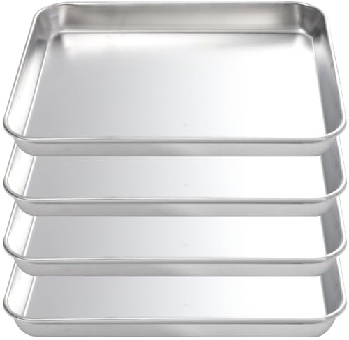 Ciieeo 4pcs Stainless Steel Roasting Trays, Multi-Function Baking Sheets for Oven, Steam Tray for Rice Rolls, Camping Cooking Plates, 8.9X5.8X0.5 Inches