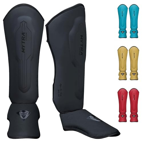 Mytra Fusion MMA Kick Boxing Shin Guards, Muay Thai Shin Instep Protection Contiene parastinchi per Kickboxing, Allenamento, BJJ, Sparring, Boxe e Arti Marziali Gear (Black, L)