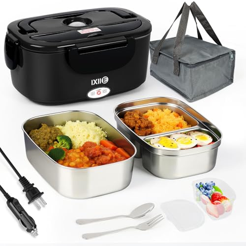 IXIIE Elektrische Lunchbox für die Arbeit, 80 W, 12 V/24 V/110 V, tragbare Lunchbox für Erwachsene, mit 2 Edelstahlbehältern, beheizte Lunchbox für Auto, LKW